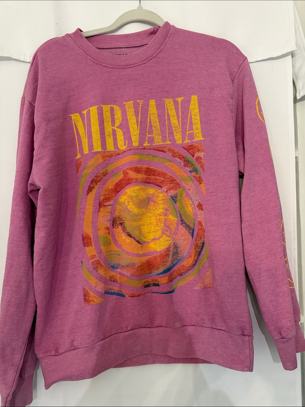 NIRVANA Pink Crewneck Sweatshirt with Yellow Logo & Multicolor Graphic
